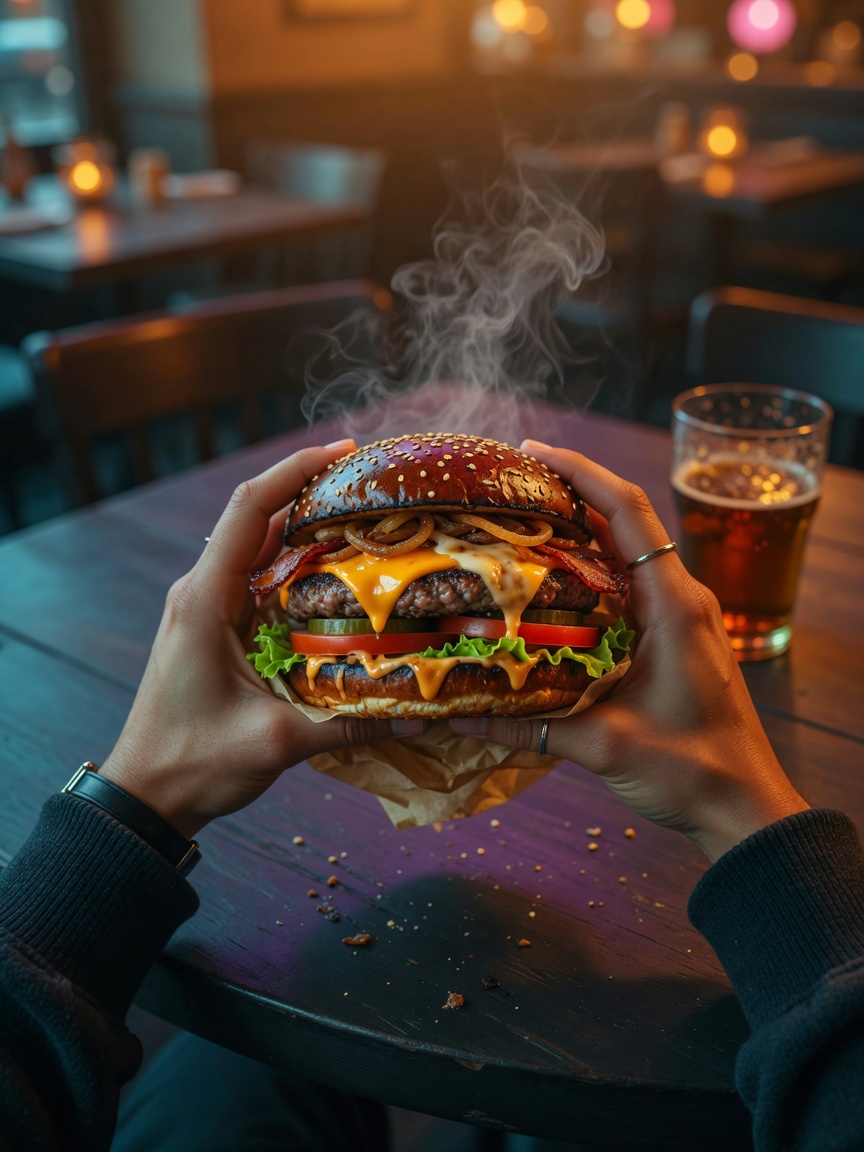 Händer som håller en dubbelstackad gourmetburgare i dämpat restaurangljus